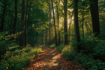 Obraz premium Summer trail in a lush woodland by the shore, showcasing natural beauty and greenery