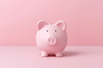 Close-up of a piggy bank against a soft pink backdrop. Simple style