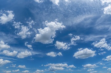 Obraz premium Wide-angle scene of a bright sky filled with soft, white clouds