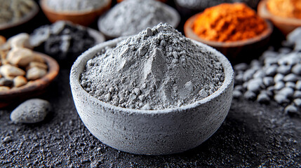 Fototapeta premium Close-up view of fine gray cement powder in a bowl Generative AI