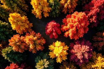 Aerial View of Autumnal Foliage A Diverse Collection of Trees Displaying Vibrant Fall Colors in a Sunlit Woodland Setting