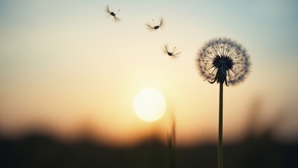 Dandelion seeds blowing in the wind at sunset