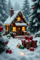 A charming snow-covered cabin glows warmly amidst a winter wonderland, a beautifully wrapped gift rests nearby, adding to the festive atmosphere of the season.