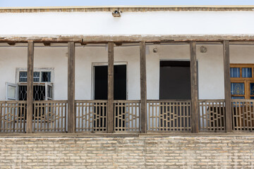 View on second tier of internal facade of the historic building on the Ark of Bukhara fortress territory in Bukhara, Uzbekistan.