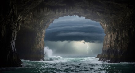 Ocean cave entrance to a stormy sea with crashing waves and lightning. Dramatic natural landscape a pirate adventure concept.