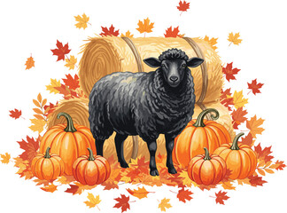 Black Sheep Collection with Cozy Autumn Harvest Props in Watercolor Art.