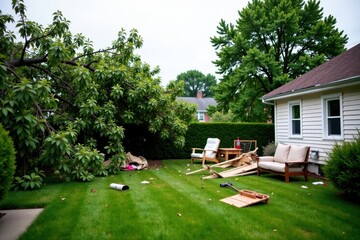 Fallen tree branch debris scattered across a backyard lawn near patio furniture