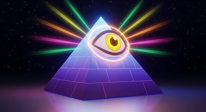 A glowing pyramid with an eye inside a neon circle emits colorful rays of light against a dark, starry background.