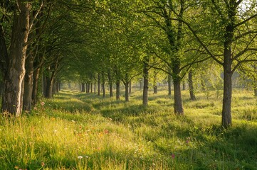 Fototapeta premium Fresh green foliage on a summer morning with blooming flowers