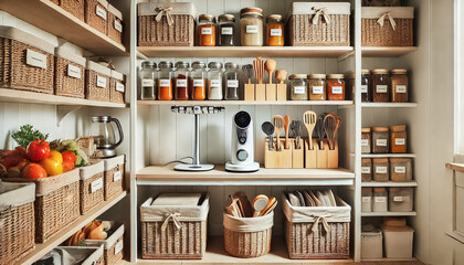 Functional Pantry with Woven Baskets and Electric Kitchen Tools