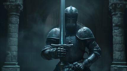 Fototapeta premium Cinematic Shot of Haunted Knight Armor Glowing from Within