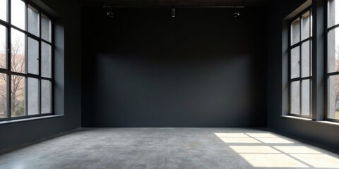 Spacious Minimalist Interior with Large Windows and Dark Walls Ideal for Modern Design Projects