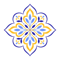 Mediterranean blue yellow floral motif on white background. Traditional ethnic Portuguese, Moroccan, Spanish ornament, mosaic design. Vector illustration