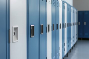 White and blue numbered storage compartments for apparel and belongings