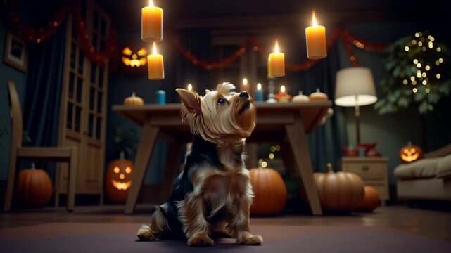 Fantasy halloween scene, yorkshire terrier watching candles levitate above table in halloween decorated interior
