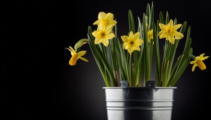 daffodil plant in steel pot on black background