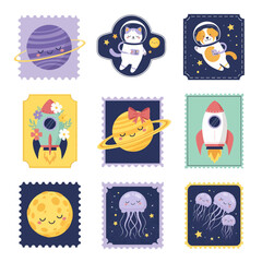 Whimsical Cosmos Collection Charming Illustrated Stamps Featuring Planets, Rockets, and Adorable Creatures