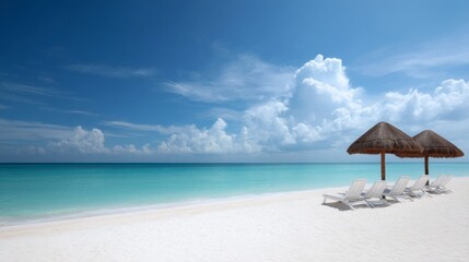 Fototapeta premium A serene beach scene showcasing white sand and clear blue waters. Sun loungers provide a perfect spot to relax. Ideal for travel and vacation themes. Captured in a bright tropical style. AI