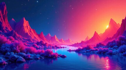 Vibrant Sunset over a Serene Pink and Blue Mountain Lake Landscape with Starry Night Sky