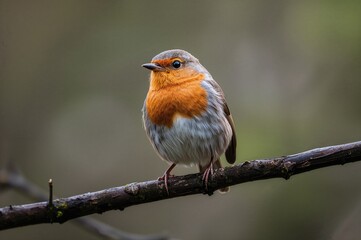 Fototapeta premium A tiny insect-eating bird perches on a branch, its tail held upright, appearing gentle and pure.