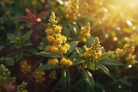 Myrica gale, a yellow-flowered shrub flourishing along northern shorelines