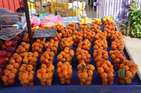 Apricots sold on an open market stand in Greece. The signs mean nectarines and apricots of Ermioni