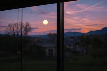 Contemporary window framing a full moon rising over mountainous silhouettes at dusk