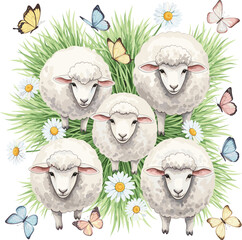 Cute Sheep Watercolor Collection with Spring Meadow Elements.