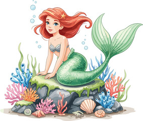 Cute Little Mermaid with Coral and Seashells in Watercolor Style.