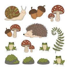 Collection of cute woodland creatures and forest elements like snail, hedgehog, frogs, and mushrooms