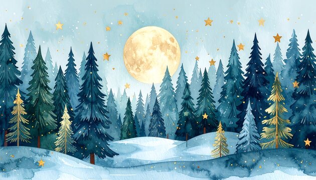 Snowy forest at night