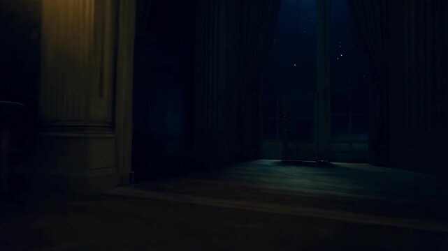 empty, sinister room lit by candles. Dark ominous atmosphere apartment at night with dimly lit. darkness with stars is visible through glass. concept of horror and mystery. suspense and paranormal