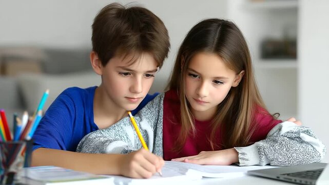 An older brother guiding his sister through her schoolwork, patience and care in his expression, blured background, with copy space.