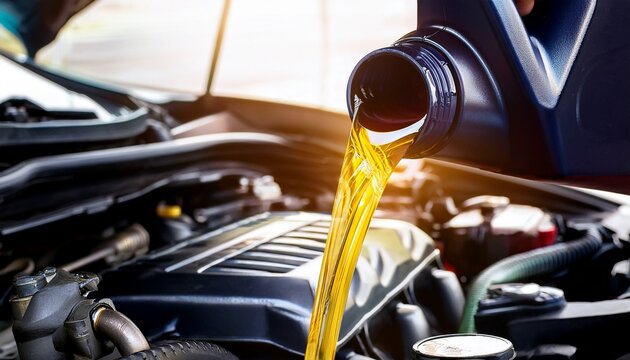 pouring oil motor car lubricant from black bottle on engine background service oil change auto repair shop