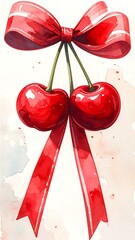 Watercolor cherries with a red bow and ribbons