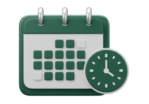 Green calendar and clock isolated PNG, appointment reminder for business planning and time management
