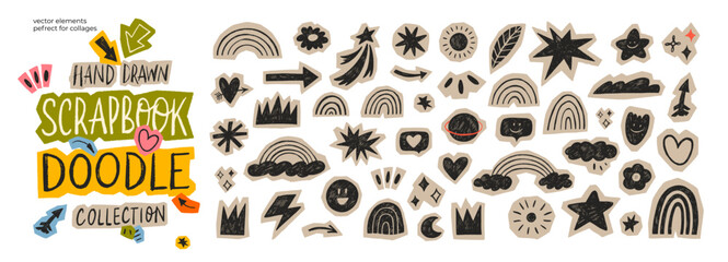 Obraz na płótnie Canvas Childish crayon drawn scrapbook stickers. Scribble and doodle paper stickers for hand drawn notes, collages and social media design. Rippled paper icons, rainbows, clouds, stars, and crowns.