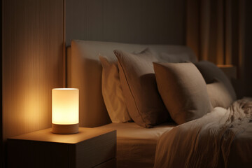 Warm ambient light from a modern bedside lamp softly illuminates a minimalist bedroom with layered pillows, textured wall panels, and a cozy unmade bed at night.