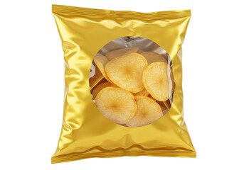 Golden bag of potato chips isolated on transparent background, crispy snack food in PNG format for design and advertising