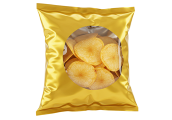 Golden bag of potato chips isolated on transparent background, crispy snack food in PNG format for design and advertising