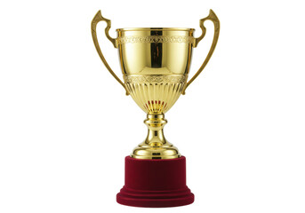 Golden trophy cup isolated on transparent background, award prize for winning first place in competition or championship
