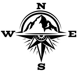 Adventure compass with mountain peak silhouette and sun symbol representing exploration travel and outdoor direction design.