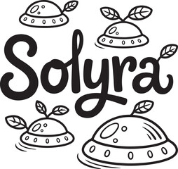 Stylish Solyra logo with UFOs, plants, and flowing cursive typography.