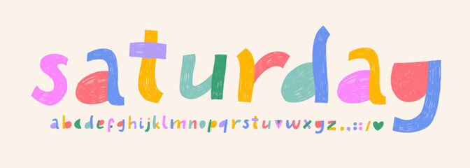 Crayon drawn funky font alphabet. Colorful typography and playful uppercase letters for school and party design. Perfect for creating happy, engaging text for children books, kindergarten materials.