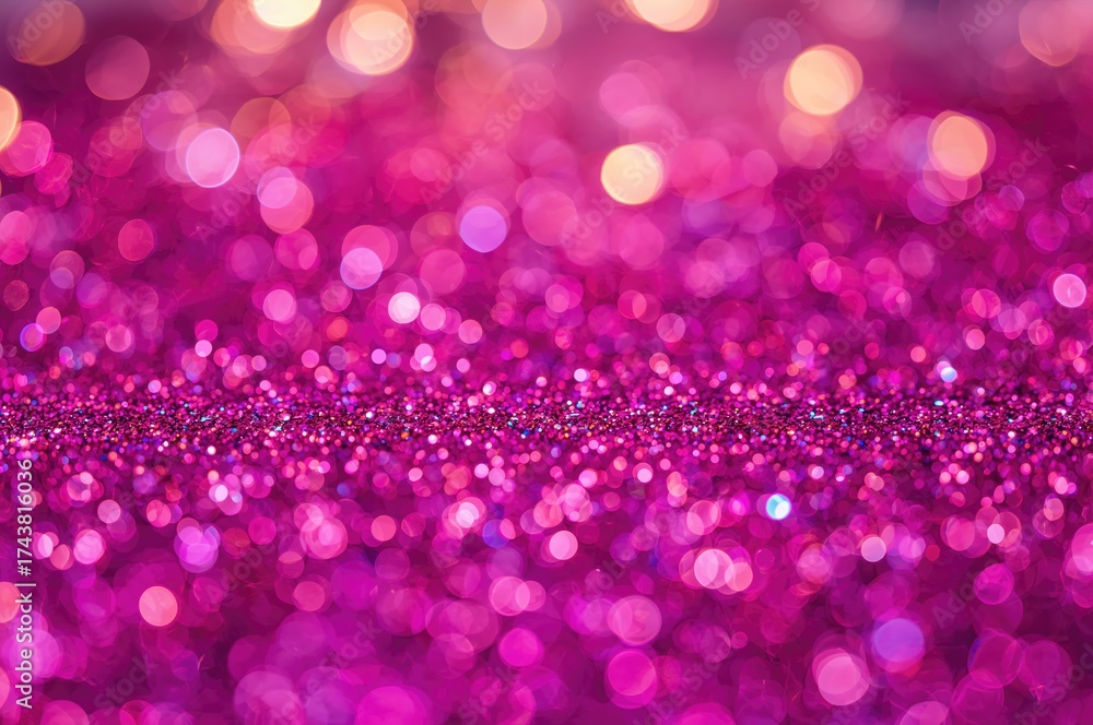 Wall mural magenta sparkling lights with bokeh and glowing highlights. festive shiny sparkles on a blurred back
