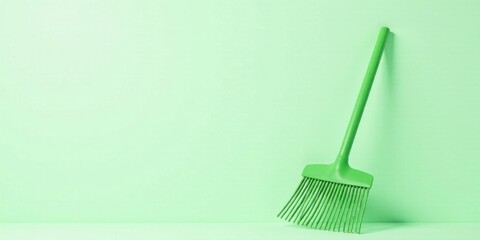 A vibrant green cleaning tool rests against a pastel backdrop, symbolizing spring cleaning and a fresh start