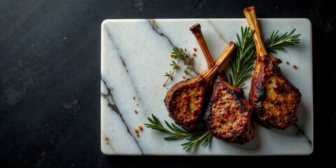 Three succulent grilled lamb chops seasoned with herbs, artfully arranged on a marble board.
