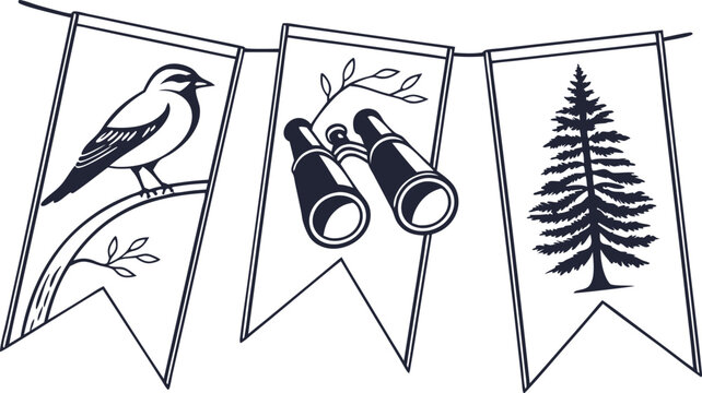 Rustic outdoor adventure bunting banner with bird, binoculars, and pine tree drawings, perfect for nature themed celebration or camping event invitation