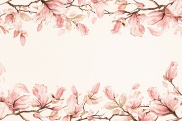 Fototapeta premium Seamless Magnolia Border with Watercolor Pink Blossoms and Branches for Wedding or Greeting Card Designs