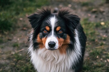 Small Australian shepherd standing outdoors